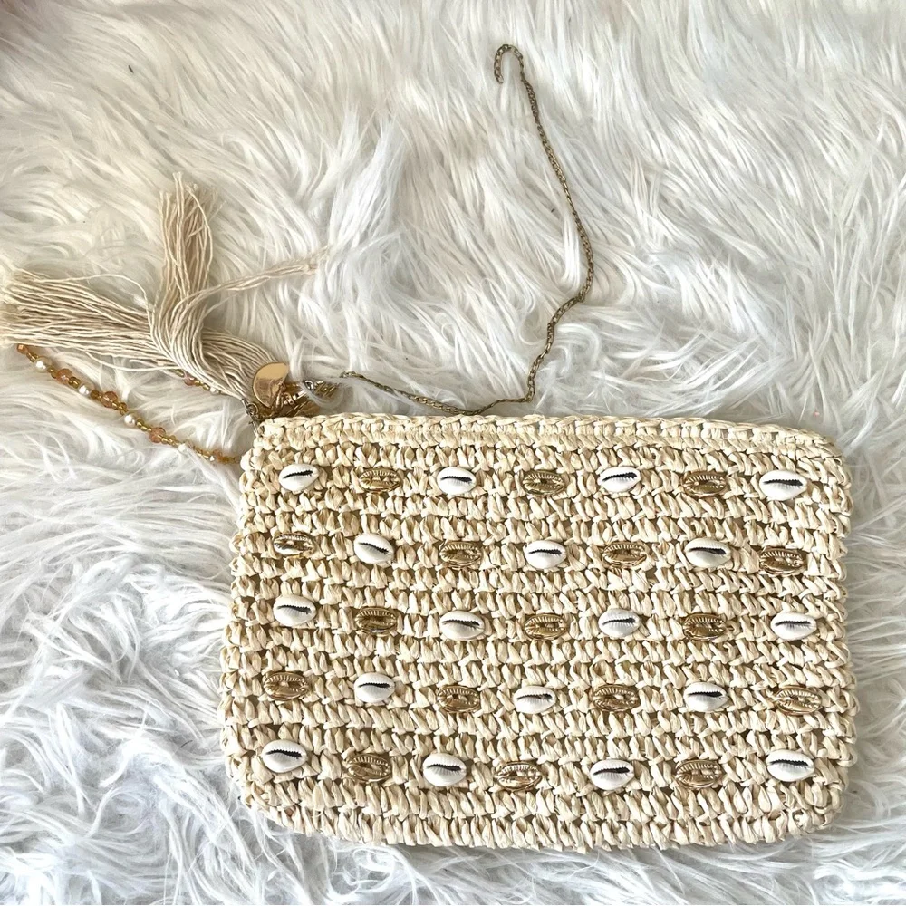 a new day Natural Straw Crochet Clutch with Shell Accents